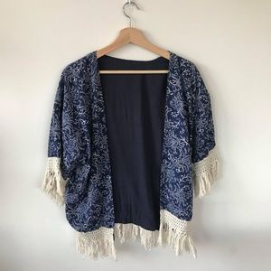Blue Kimono with White tassle embroidery